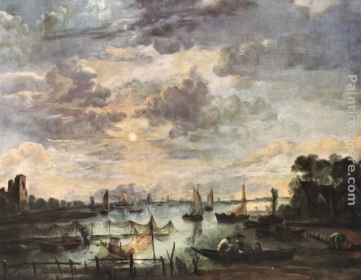 Aert van der Neer Fishing at Moonlight